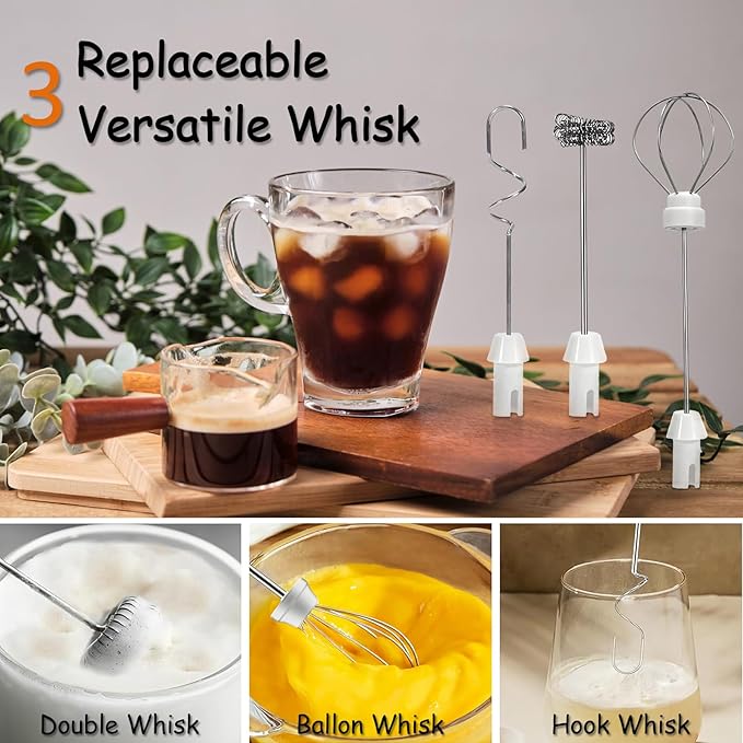 Milk Frother Handheld Rechargeable USB C, 3-in-1 Coffee Frother Wand Drink Mixer Electric Whisk Stirrer with 3 Detachable Stainless Steel Heads, 3 Speed Powder Mixer Foam Maker for Latte, Matcha,Black