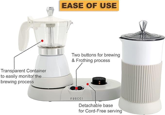 Electric Moka Pot with Milk Frother – 3-Cup (150 ml) Modern Espresso Maker for Coffee, Cappuccino, Latte, Mocha & Cuban, White