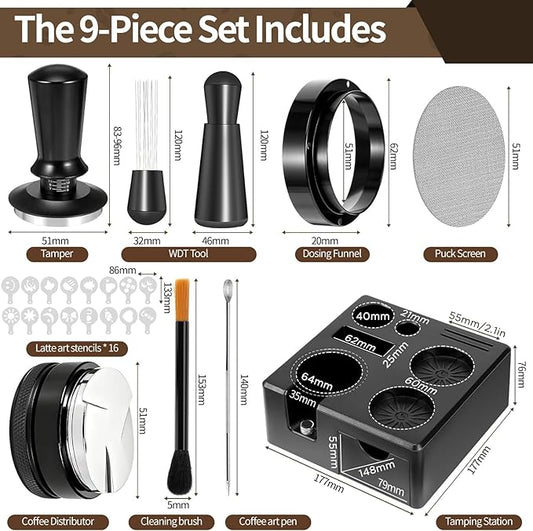 51mm Espresso Accessories Kit (9 PCS) - Tamper, Coffee Distributor, WDT Tool, Puck Screen, Dosing Funnel & Latte Art Set with 16 Stencils for Home Baristas