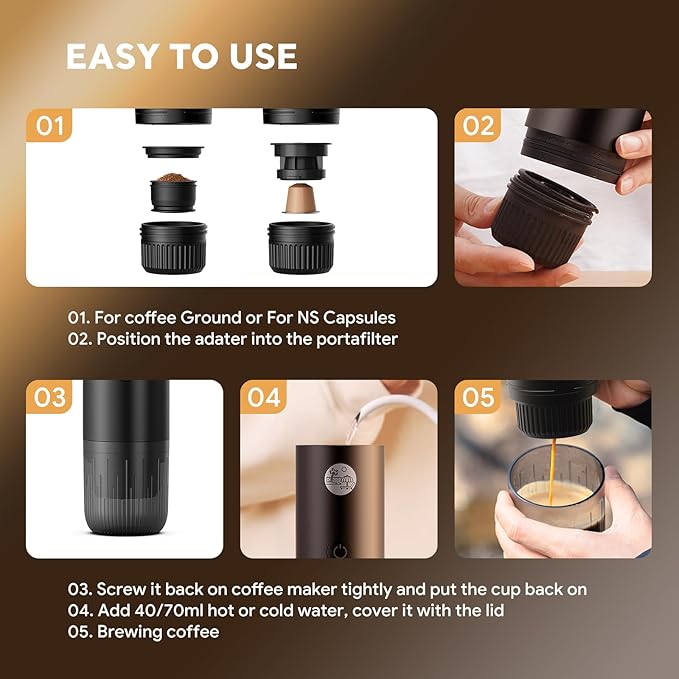 Portable 2-in-1 Coffee Maker, Portable 20 Bar Espresso Machine with Automatic Heating, Compatible with NS and Ground Coffee for Camping, Hiking Travel and Home (Black)