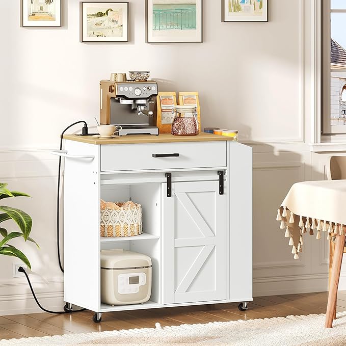 HOOBRO Kitchen Island on Wheels, Rolling Island Cart with Power Outlet, Kitchen Storage Table with Sliding Barn Doors, 1 Drawer and Spice Rack, for Home, Dining Room, White WN60UZD01