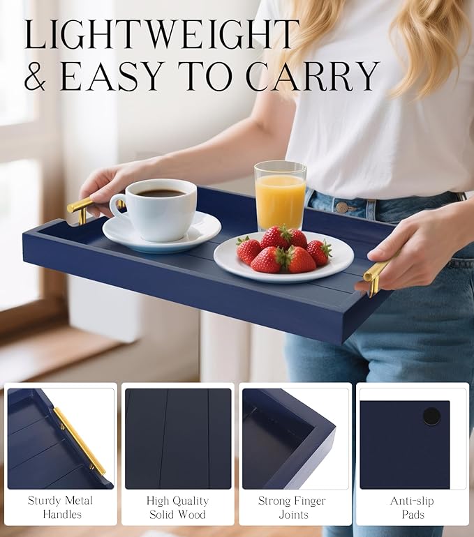 Coffee Table Tray - Large Ottoman Tray for Living Room - Wood Serving Tray with 2 Sets of Handles - Wooden Trays for Coffee Tables, 4 Round Coasters Included, Deep Blue
