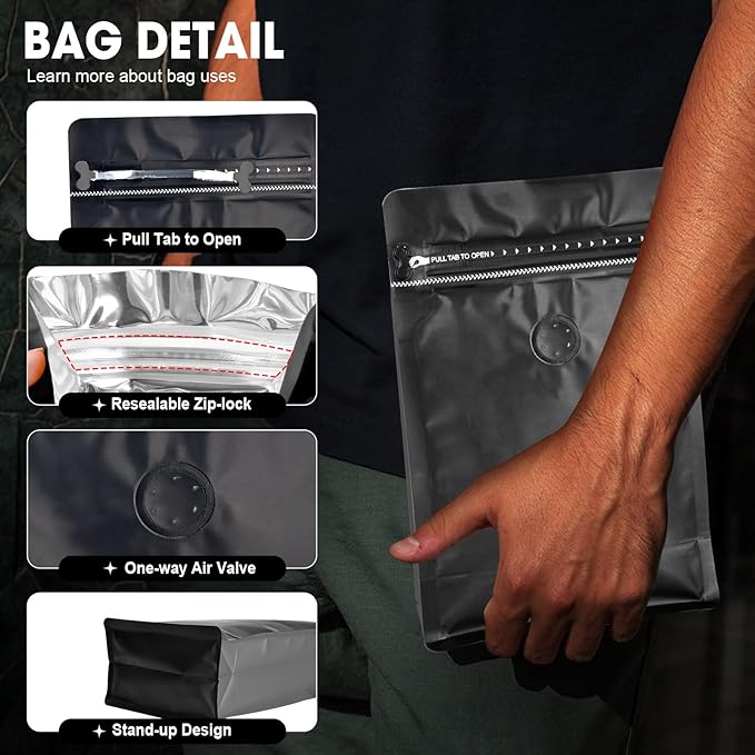 Coffee Bags with Valve(60pcs,8oz,0.5lb) Vented Coffee Beans Packaging Bags High Barrier Aluminumed Foil Flat Bottom Heat Sealed Side Zipper Resealable Storage Bag for Home or Business（Black+Gray）