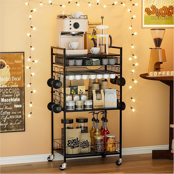 Coffee Bar Station with Storage Drawer - 5 Tier Coffee Table Countertop Organizer for K Cups, Tea Bags, Sugar Storage and Kitchen Cabinets (Black)