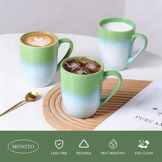 MONITO 14 OZ Coffee Mugs Set of 6, Large Ceramic Coffee Mugs，Modern Coffee Mugs Set with handle for Tea/Latte/Cappuccino/Milk/Cocoa, Funny Tea Cups for Office and Home (White-green)