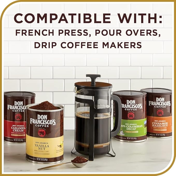 Don Francisco's Butterscotch Toffee Ground Flavored Coffee: Rich 100% Arabica Beans with Sweet Buttery Aroma - Family-Crafted for Delightful Mornings (12 oz Can)