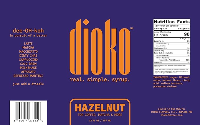 Dioko Simple Syrup, 12 fl. oz Premium Coffee & Dessert Syrup with Easy Pour Spout | No Artificial Dyes or Colors | Perfect for Lattes, Iced Coffee, Cocktails, Pancakes & More (Hazelnut)