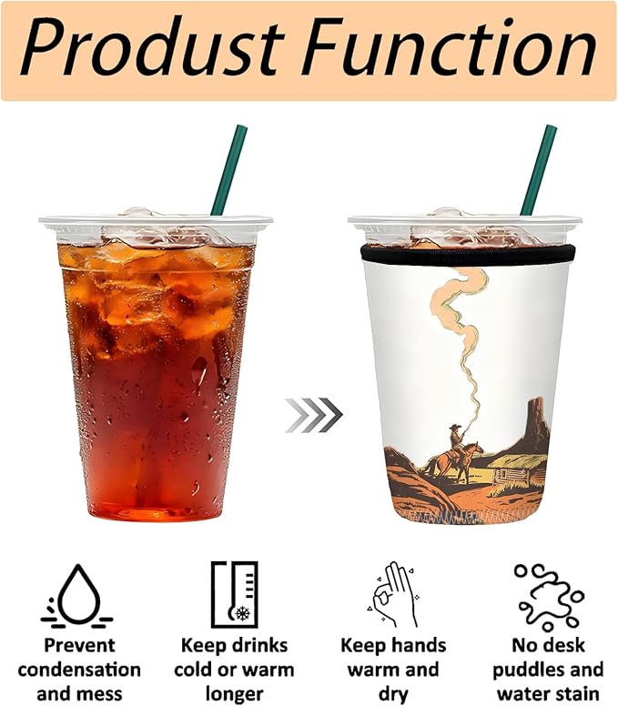 Neoprene Iced Coffee Sleeve 3 Pack, Reusable Insulated Cup Holder with Vintage Western Cowboy Pattern, Fits 16–32 oz Tumblers, Compatible with Starbucks & Dunkin