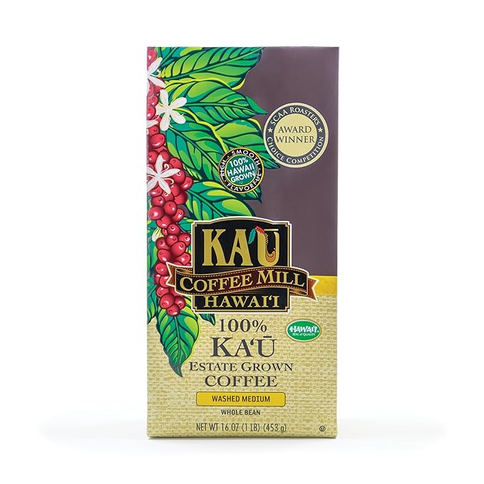 Ka'u Coffee Mill Washed Medium Roast Whole Bean - Bright Aroma - Plum & Citrus Notes - Handpicked & Washed Processed Hawaii Grown Arabica Beans - Gourmet Premium Small Batch - 16oz