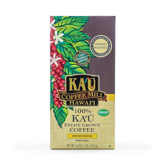 Ka'u Coffee Mill Washed Medium Roast Whole Bean - Bright Aroma - Plum & Citrus Notes - Handpicked & Washed Processed Hawaii Grown Arabica Beans - Gourmet Premium Small Batch - 16oz