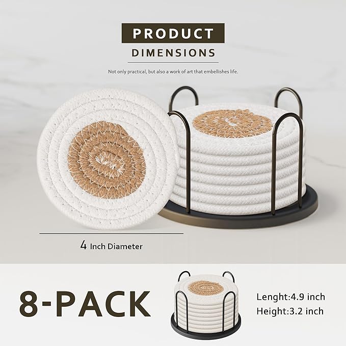 Coasters Set of 8 for Drinks, Beer, Coffee, Cotton Woven Absorbent Coaster with Holder, Boho Coasters for Home Decor Tabletop Protection Suitable for Kinds of Cups, White & Coffee