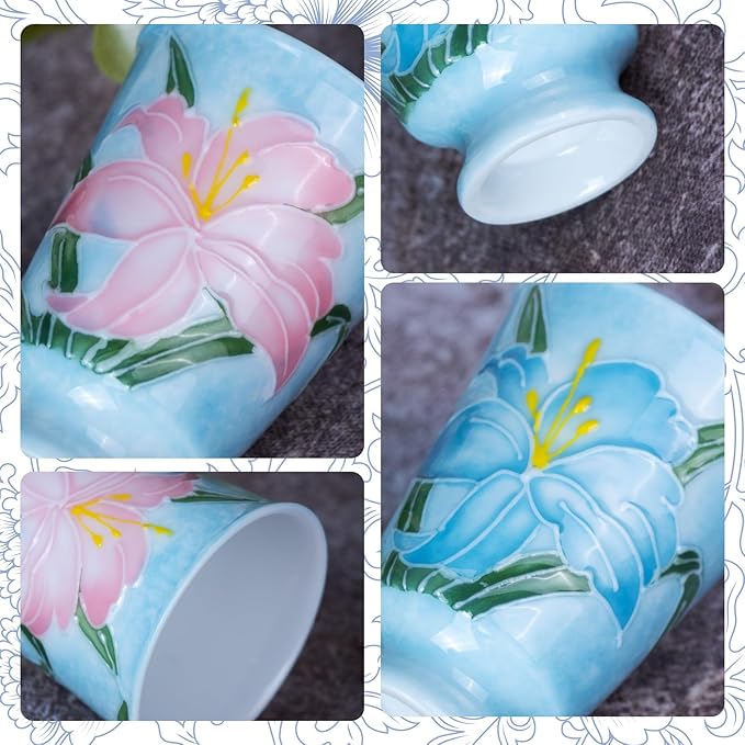 KAMMAK Ceramic Tea Cups Small, Cute Vintage Coffee Cup Set of 2, Porcelain Teacups Espresso Mug, 1.5oz Hand Painted Chinese Afternoon Tea Party Mugs, Birthday Gift for Women Men, Hand-Piled Lily