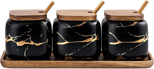 3 Pcs Porcelain Condiment Jar Pot Spice Container Ceramic Seasoning Jar with Lid Spoon and Tray Great for Home Kitchen Counter, Black