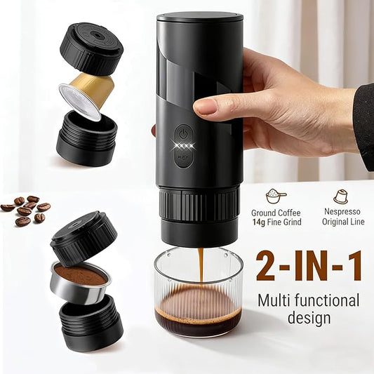 2 in 1 Portable Electric Coffee Maker None Self-heating, 20-Bar Travel Coffee Maker, Portable Espresso Machine for Car, Camping, Office, Compatible with Coffee Powder and Nespresso Capsule
