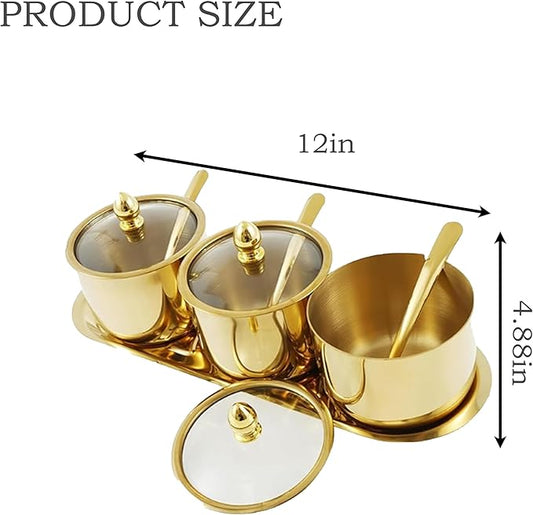 Sugar Bowl Set - 3 Grid Condiment Jars with Glass Lids & Spoon、Reusable Stainless Steel Canisters with Tray for Sugar, Spice, Salt - Stylish Kitchen Storage Containers