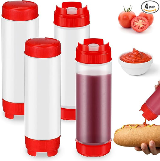 Didaey 4 Pcs Squeeze Bottles Refillable 20 oz, Inverted Plastic Tip Large Valve Dispenser Condiment Squeeze Bottle for Sauces Ketchup Sour Cream Self Sealing Syrup Dispenser for Restaurants (Red)