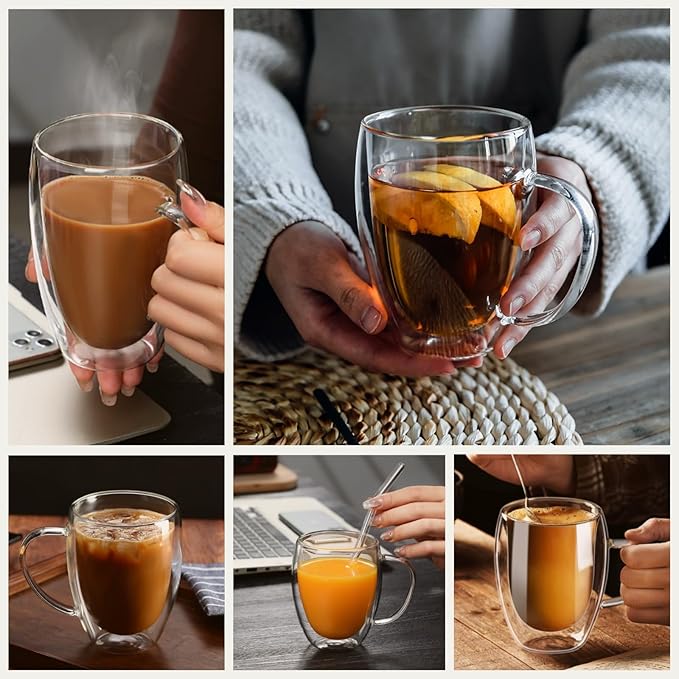DINGPAl 15 oz Double Walled Glass Coffee Mugs, Set of 4 Large Double Wall Layer Coffee Mug Insulated Borosilicate Glass Cups with Handle and Spoon for Latte, Cappuccino, Espresso, Americano