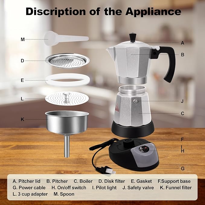 Vaolvpant Electric Aluminum Moka Pot 5-6 Cup 270ml Espresso Maker with Detachable Base Ideal Coffee Makers for Home MochaPot Italian and Cuban Café Coffeemaker Espressomaker CoffeePot Silver