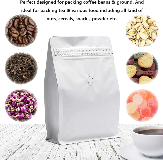 100 Pieces 8oz/0.5lb White Kraft Paper Coffee Bags, Stand Up Coffee Pouches with One Way Degassing Valve and Reusable Side Zipper (Pull Tab to Open) Flat Bottom - Stand Up Well (8oz, 0.5lb, 227gram)