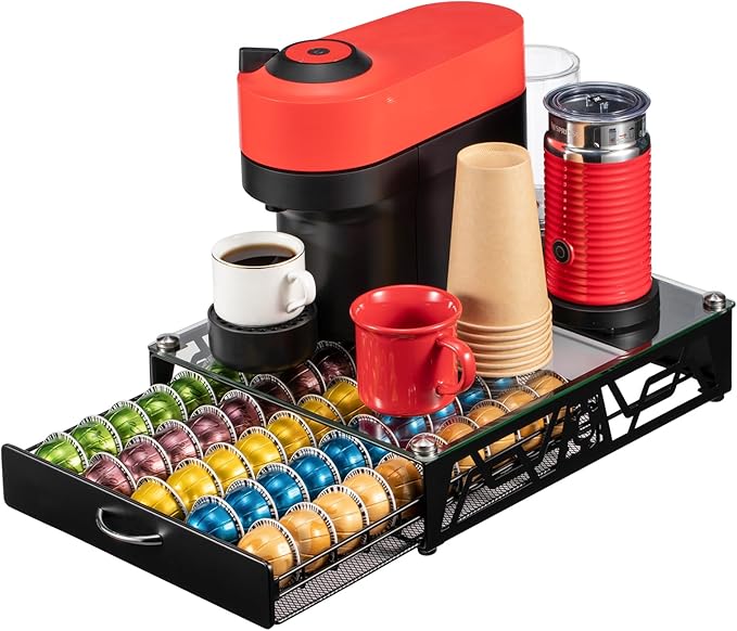 ZCDCP Pod Holder - Modern Sleek Black Metal Coffee Capsule Organizer for Nespresso Pod Storage Glass Top, Stylish Coffee Machine Stand for Coffee Bar, Office or Home Kitchen(50 Pods Capacity)