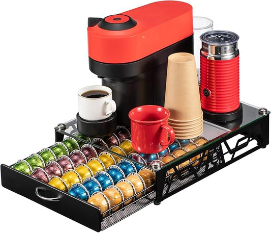 ZCDCP Pod Holder - Modern Sleek Black Metal Coffee Capsule Organizer for Nespresso Pod Storage Glass Top, Stylish Coffee Machine Stand for Coffee Bar, Office or Home Kitchen(50 Pods Capacity)