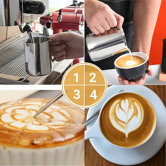 Milk Frothing Pitcher, 600ml (20oz) Milk Frother Cup Stainless Steel Jug Steaming Pitcher, Milk Coffee Cappuccino Latte Art Barista Steam Pitchers Milk Jug Cup with Decorating Pen