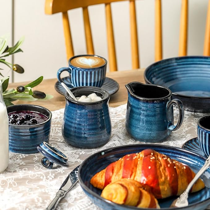 Ceramic Sugar and Creamer Container Set of 3,10 Ounce Cream Pitcher,11 Ounce Sugar Bowl with Lid and Spoon,Farmhouse Coffee Bar Accessories Set for Serving,Microwave & Dishwasher Safe,Blue