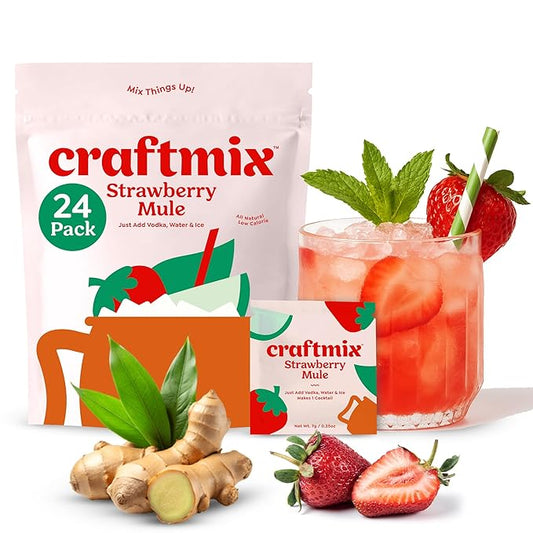 Craftmix Strawberry Mule Cocktail & Mocktail Drink Mixer, Skinny Mixes - Water Flavoring Packets - Made With Real Fruit - Vegan, Low-Carb, Low-Sugar, Non-GMO, Dairy Free, Gluten Free, 24 Pack