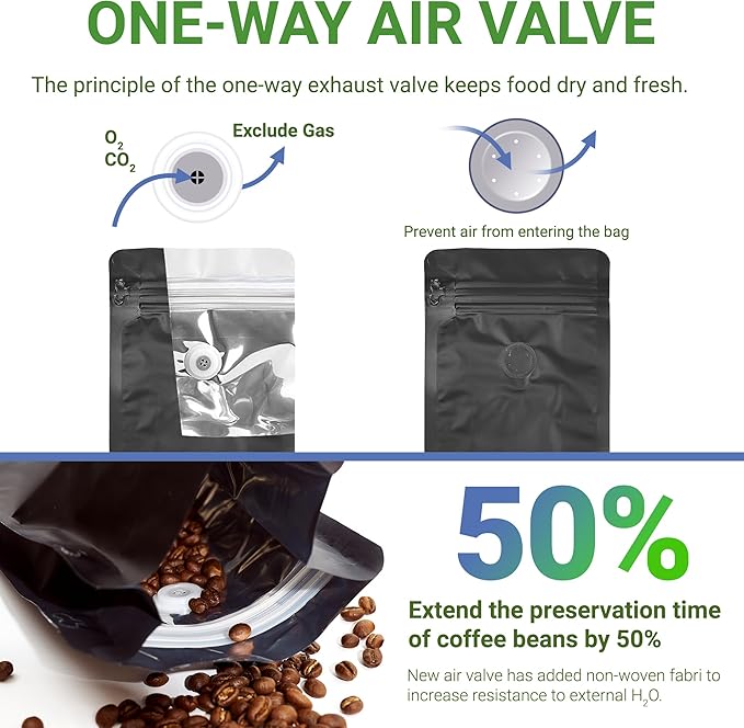 100 Pack 8 oz Coffee Bags with Valve Black Flat Bottom Coffee Beans Packaging Pull Tab Zipper Resealable Bags