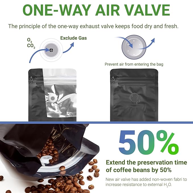 PouchWorth 50 Pack 12 oz Coffee Bags with Valve Black Flat Bottom Coffee Beans Packaging Pull Tab Zipper Resealable Bags