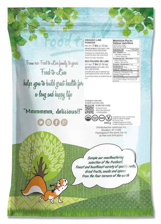 Food to Live Organic Lime Juice Powder, 7 Pounds Non-GMO, Unsulfured, Made from Raw Dried Citrus Fruit, Vegan, Bulk, Great for Baking, Juices, Smoothies, Yogurts, Contains Maltodextrin, No Sulphites