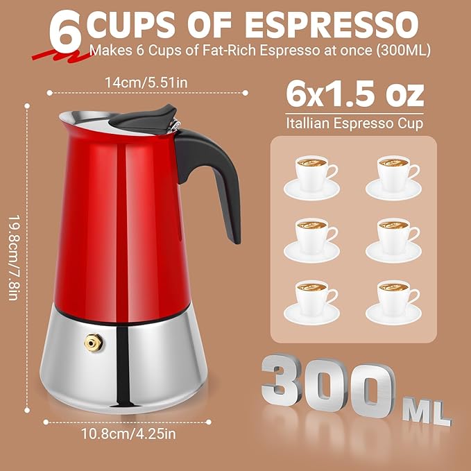 Suiitat Moka Pot, 6 Cups (10.6 oz) Stovetop Espresso Maker, 304 Stainless Steel Moka Pot, Induction Compatible, Red