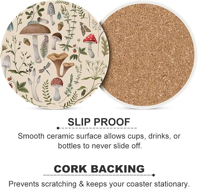 Round-6PCS Botanical Ceramic Coasters, Round Absorbent Drink Coasters, Nature Cartoon Botanical Leaves Mushroom Plants Pattern Ceramic Table Coasters for Coffee, Beverage, Wine, Beer Coasters