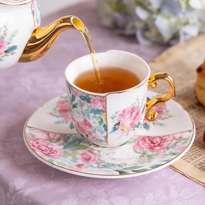 KAMMAK Tea Cups and Saucers Set of 2, Porcelain Coffee Cups, 4-Ounce Stackable Espresso Mugs, Ceramic Demitasse for Coffee, Latte, Americano, Tea, Western Peony