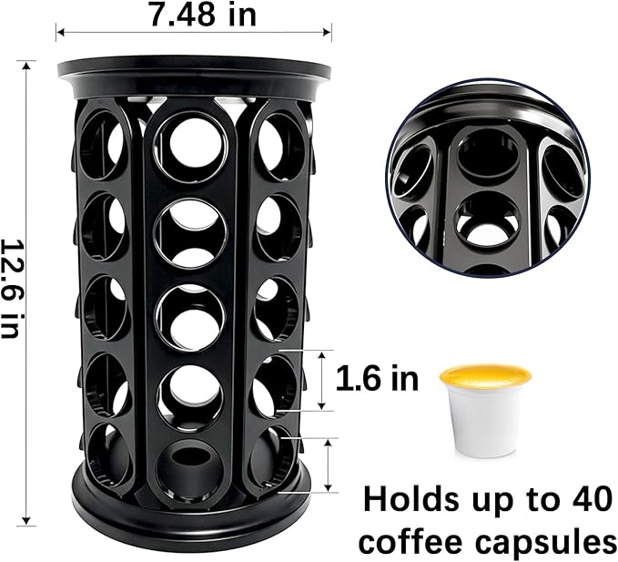 Holder Organizer for 40 Capsules,Rotary Carousel Storage Rack with Detachable Base,Space-Saving for Kitchen,Office,Countertop,or Coffee Station,Modern Black Design