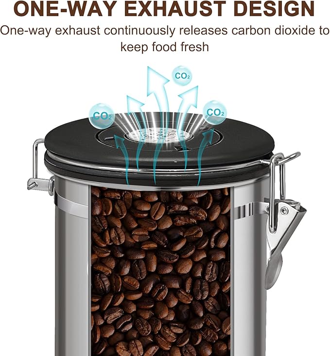 1.5L Airtight Vacuum Coffee Canister, Stainless Steel Storage Container for Coffee Beans and Grounds with Scoop.Suitable for coffee powder, coffee beans, rice, tea leaves, sugar, flour, and grains