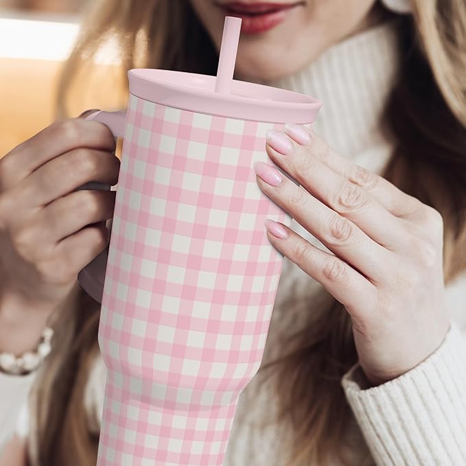 Pink Gingham 40oz Slider Tumbler with Handle and Straw - Insulated Stainless Steel Travel Coffee Mug for Women Girls, Gift for Birthday, Christmas