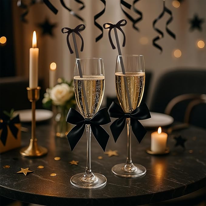 30 Pcs 6 Inch Valentine Party Stirrers, Bow Stir Sticks Coffee Stirrers Reusable Plastic Swizzle Sticks for Wedding Birthday Bridal Cocktail Decorations Galentines Supplies(Black)