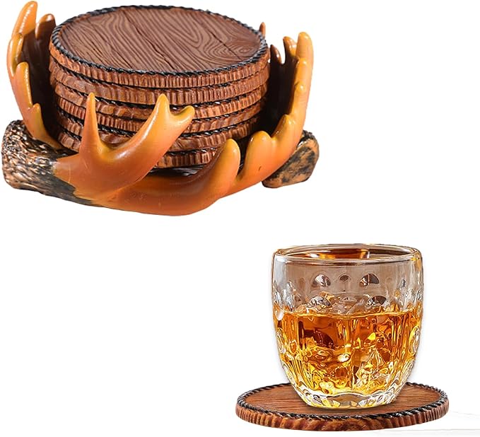 Deer Antler Coasters Set 6 Full Size Non-Slip Cabin Decor Bar Coasters, Indoor Christmas Decorations, Man Cave Gifts for Men and Deer Lovers, Rustic Handmade Cup Coaster for The Home