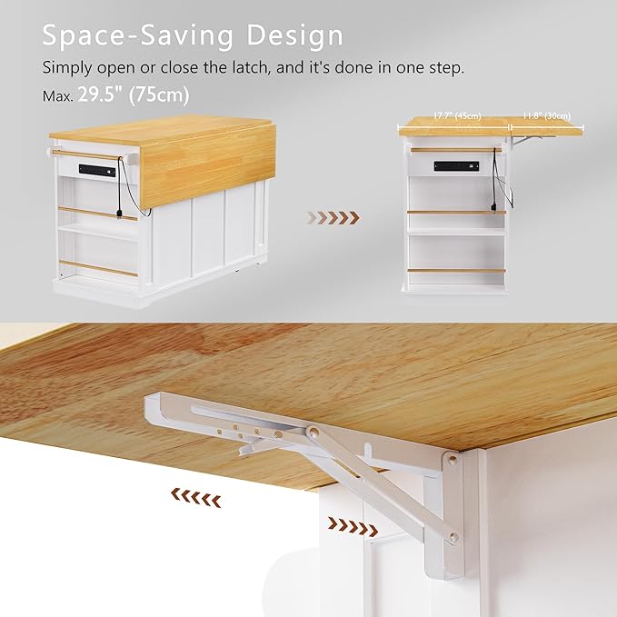 Rolling Kitchen Island with 2 Bar Stools, Drop Leaf & Power Outlet, Large Kitchen Islands Cart on Wheels, Movable Kitchen Island with 5 Open Shelves & Towel Rack for Kitchen, Dining Room, 53″, White