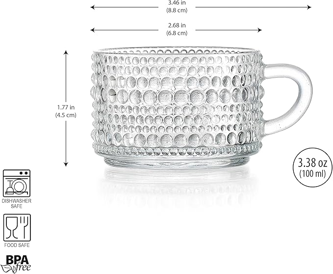 Espresso Cups, Set of 6 Shot Glasses 3 oz Coffee Espresso Mugs, Insulated Clear Thick Glass with Handle - Hobnail Embossed Mini Mugs Demitasse Cup Dishwasher Safe