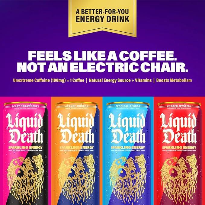 Liquid Death Sparkling Energy - Murder Mystery (Cherry, Cream, Spice), Sugar-Free Energy Drink, Unextreme Caffeine 100mg, Essential Vitamins, 12 Fl Oz (Pack of 12)