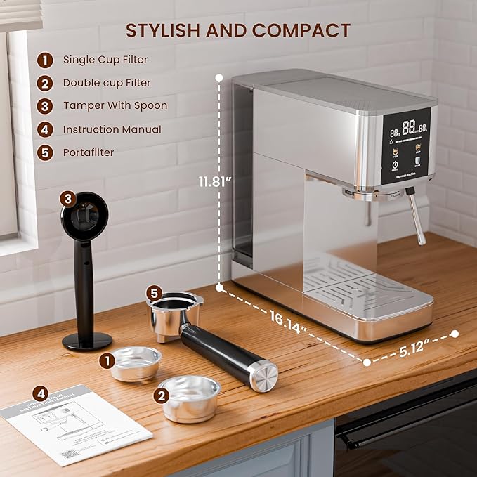WAA 20 Bar Craft Barista-Grade Espresso, Upgraded 1350W Espresso Machine Stainless steel with Steam Frothing Wand, 1.2L Water Tank and Cup Warmer, Suitable for Espresso, Cappuccino and Latte (Silver)