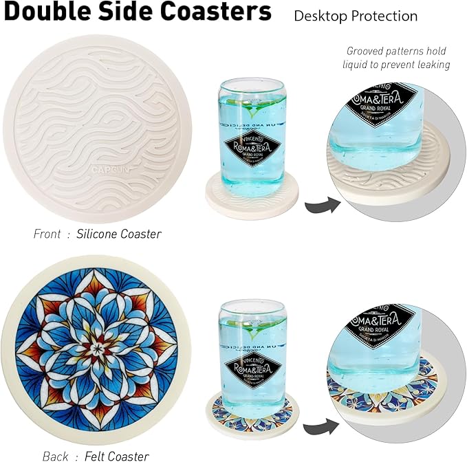 Indigo Floral Non-Slip Silicone Coasters, 4-Pack Double-Sided Absorbent Cup Mats for Hot & Cold Drinks, Scratch & Water Ring Protection for Wood Tables, Home Office Bar Use (4PC Wanda La)
