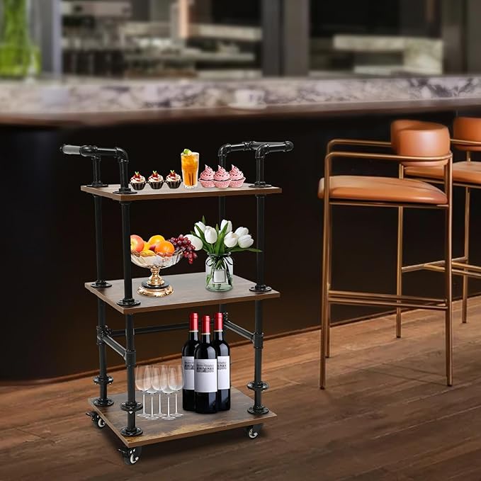 Industrial Bar Cart with Wheels, 3-Tier Rolling Kitchen Cart with Storage, Mobile Serving Cart for Wine Tea Liquor, Vintage Style for Home Bar Cafe