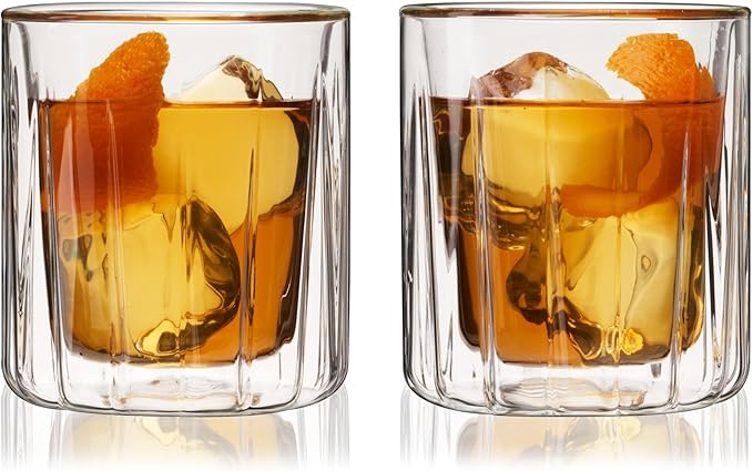 Viski Double Walled Rocks Glasses - Insulated Whiskey Tumblers with Cut Crystal Design - Dishwasher Safe 10.5oz Set of 2