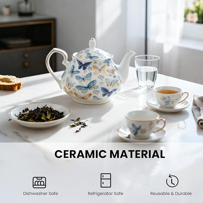 33.8 oz Porcelain Tea Pot Luxury Gold Trim Floral Ceramic Teapot Waterpot Tea Maker for Blooming Loose Leaf Tea Coffee Milk Chrismas Women Gift Housewarming Home Kitchen Décor (Butterfly)