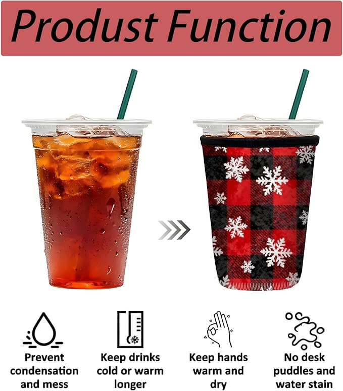 Neoprene Iced Coffee Sleeve 3 Pack, Reusable Insulated Cup Holder with Red Buffalo Plaid Snowflake Pattern, Fits 16–32 oz Tumblers, Compatible with Starbucks & Dunkin
