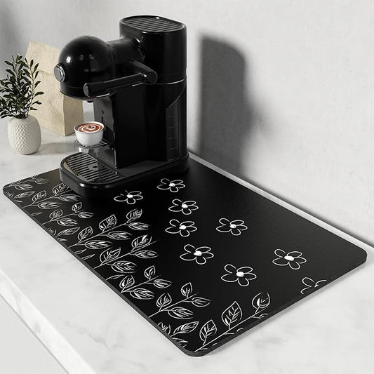 Rnivvi Coffee Mat, 12" x 19" Cute Coffee Bar Mats for Espresso Machine Station Accessories and Organizer, Hide Stain Rubber Backed Absorbent Dish Drying Pad for Kitchen Counter, Black White Flowers