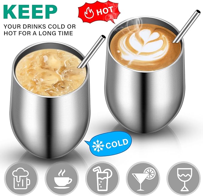 16 Pack Stainless Steel Wine Tumblers 12 oz Insulated Vacuum Wine Cup Set Double Wall Stainless Steel Stemless Mug Glasses for Coffee Soda Whiskey Outdoor Travel (Silver)